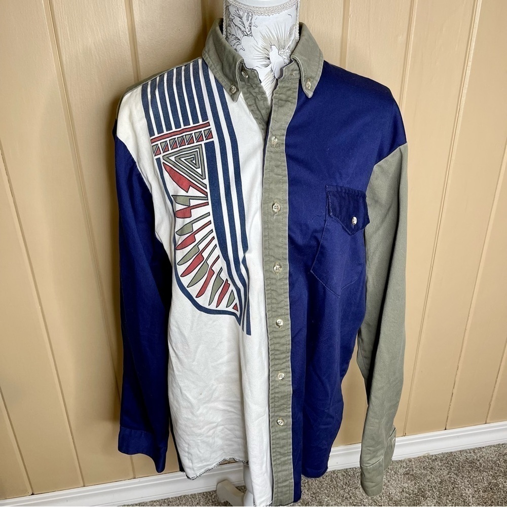 Vintage Banjo Button Up Shirt Men's Western Rodeo Aztec 90s Size Large USA